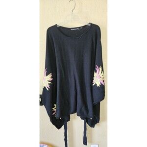 Michael Simon Cotton Cashmere Blend Floral Embroidered Poncho Plus Size 1X
